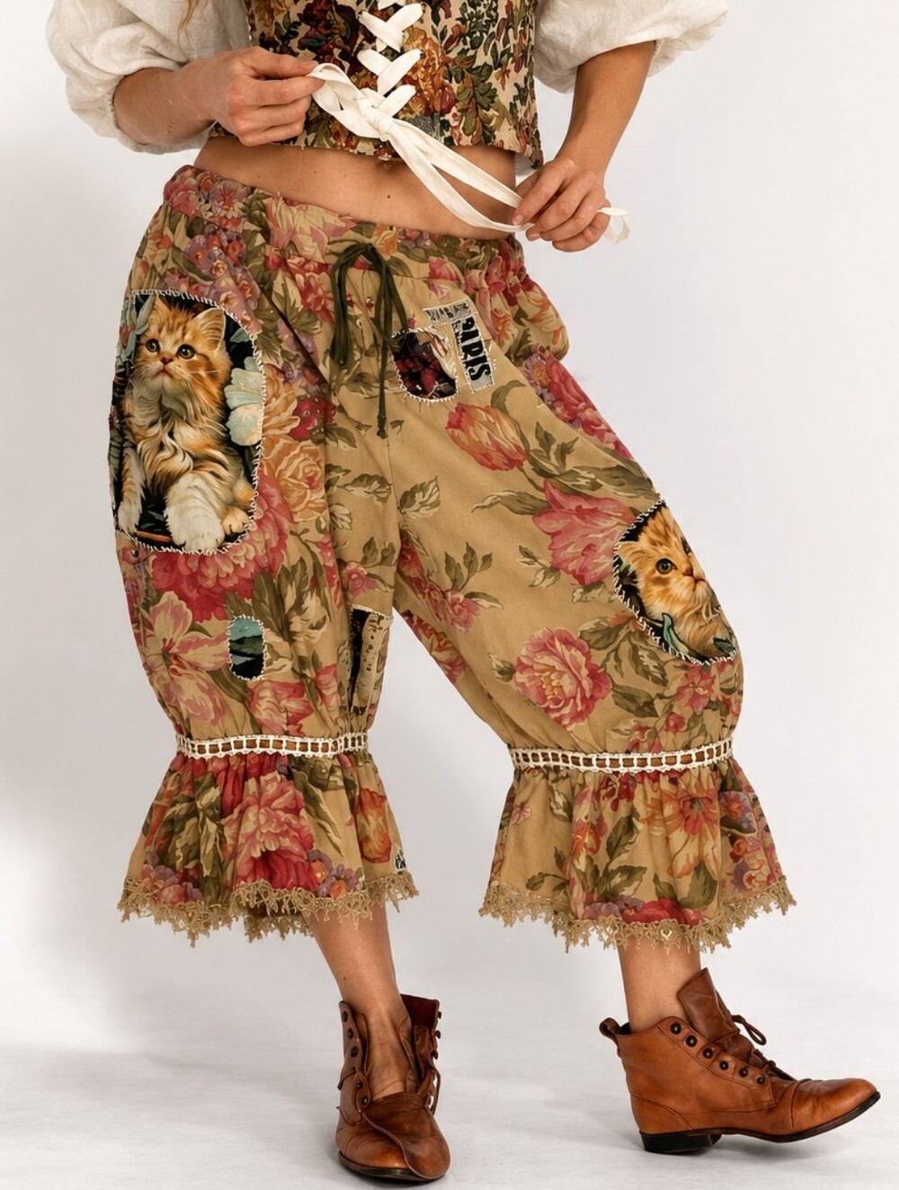 Bloomers Victorian Pants Shabby Chic Ruffles Cat Patchwork Golden Lace